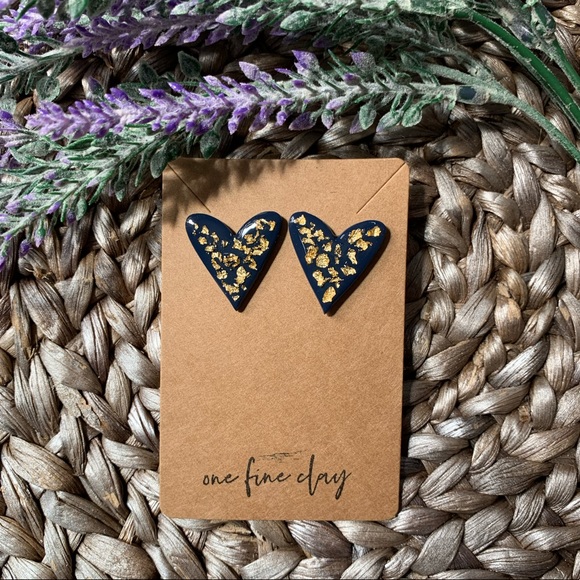 Navy & Gold Clay & Resin Large Heart Earring Studs - Picture 2 of 9